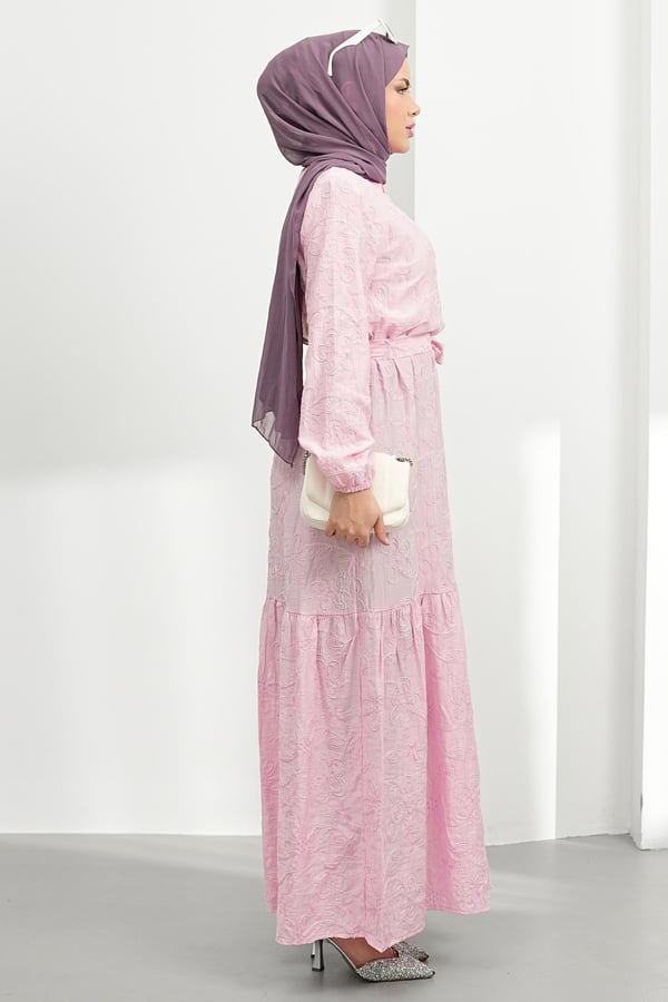 Nakışlı Kemer Detay Elbise - Pembe kadın giyim ürün görseli Arzestore