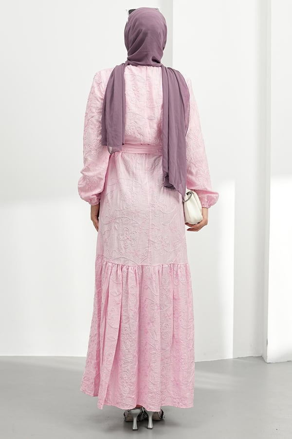 Nakışlı Kemer Detay Elbise - Pembe kadın giyim ürün görseli Arzestore