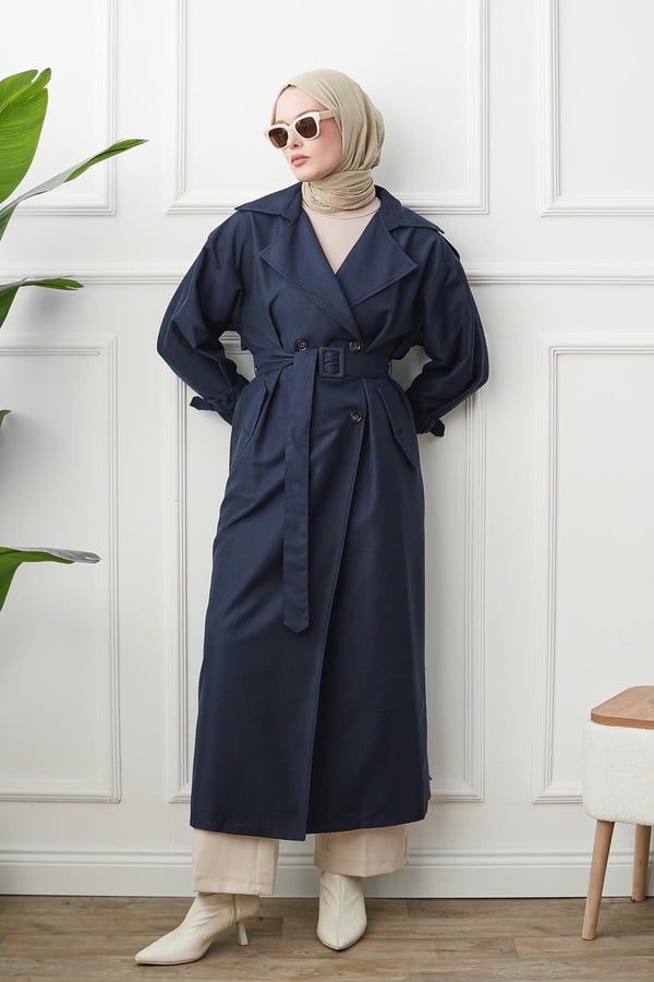 Oversize Trençkot - Lacivert kadın giyim ürün görseli Arzestore
