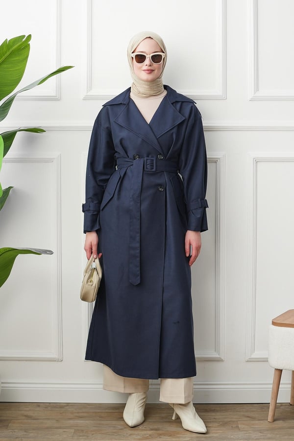 Oversize Trençkot - Lacivert kadın giyim ürün görseli Arzestore