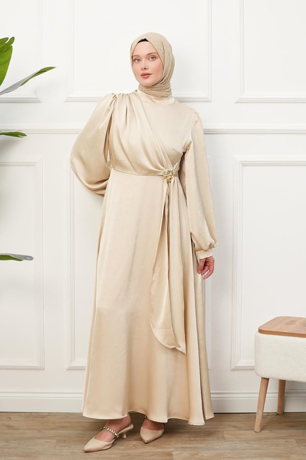 Saten İpek Elbise - Ekru kadın giyim ürün görseli Arzestore