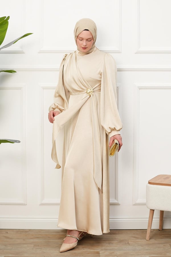 Saten İpek Elbise - Ekru kadın giyim ürün görseli Arzestore