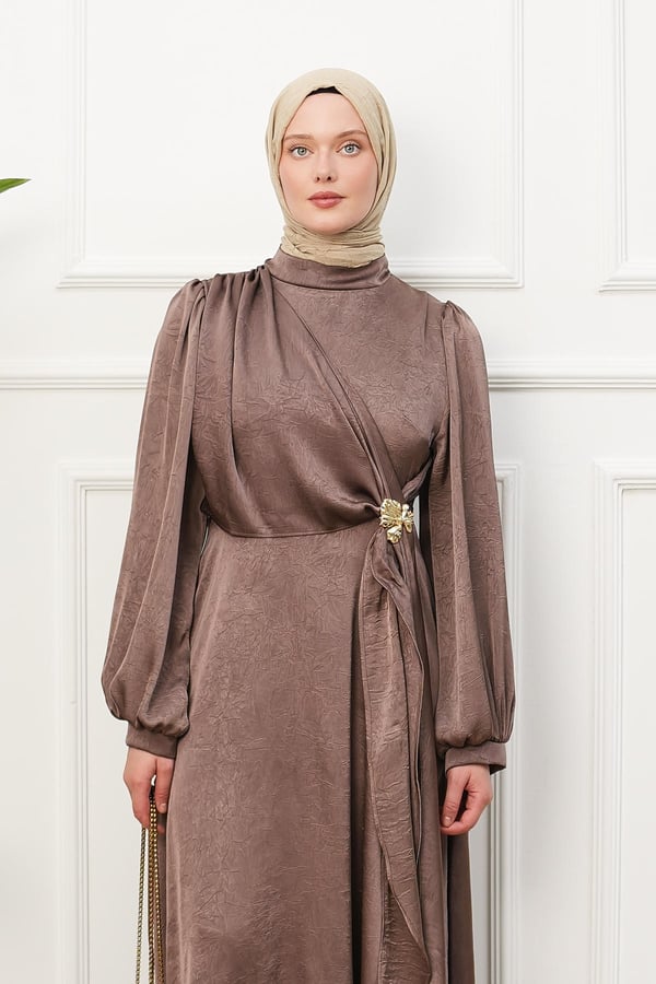 Saten İpek Elbise - Kahverengi kadın giyim ürün görseli Arzestore