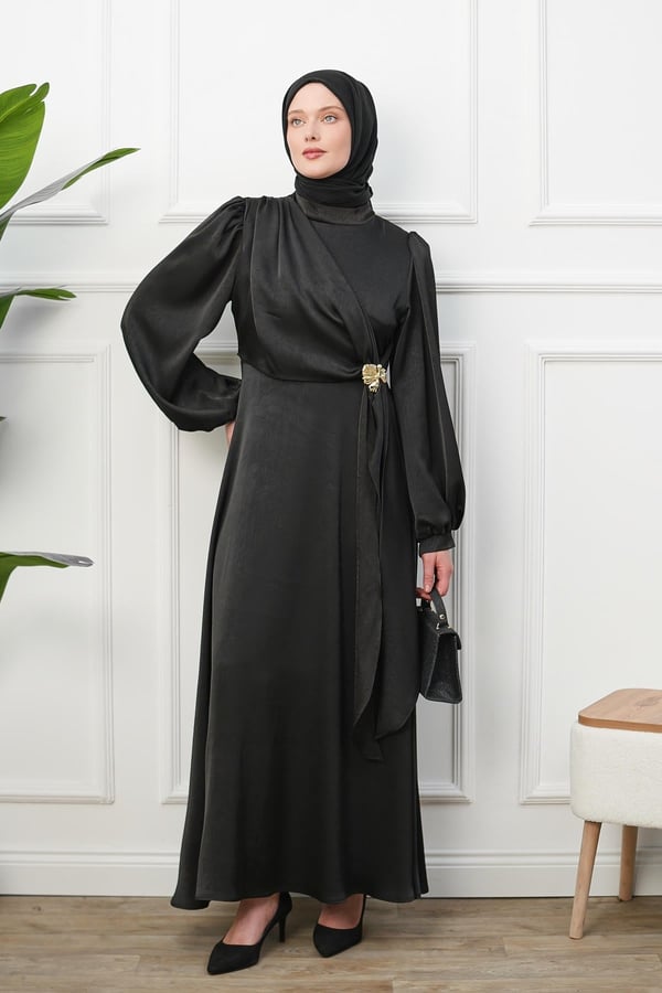 Saten İpek Elbise - Siyah kadın giyim ürün görseli Arzestore