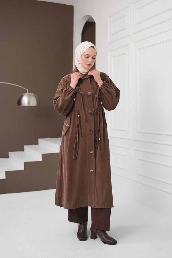 Yaka Detaylı Büzgülü Tencel Kap - Kahverengi kadın giyim ürün görseli Arzestore