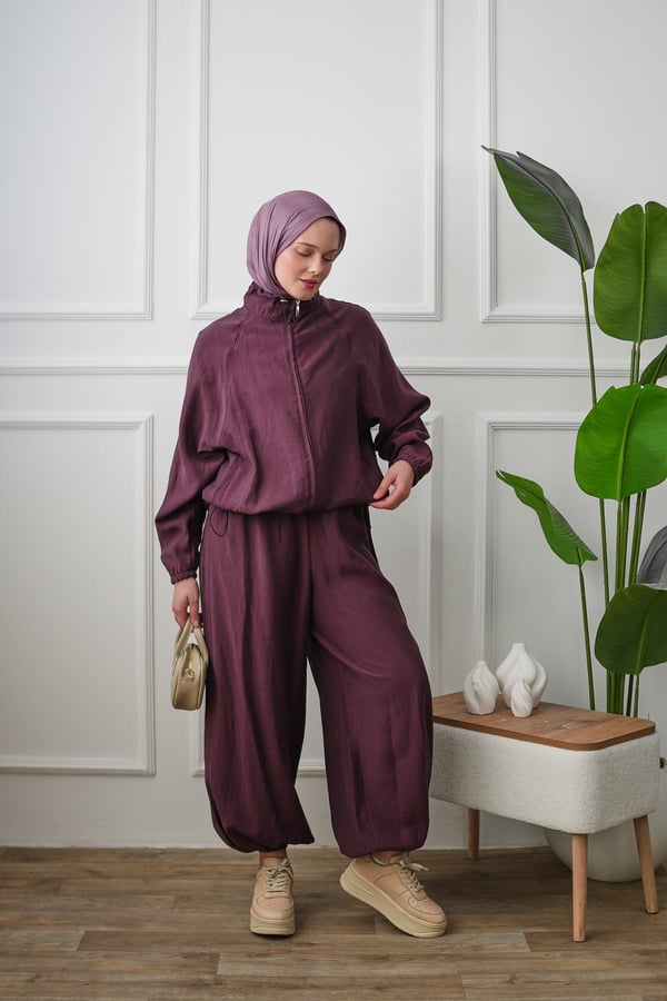 Yaka Detaylı Paça Lastikli Pantolon Takım - Mürdüm kadın giyim ürün görseli Arzestore