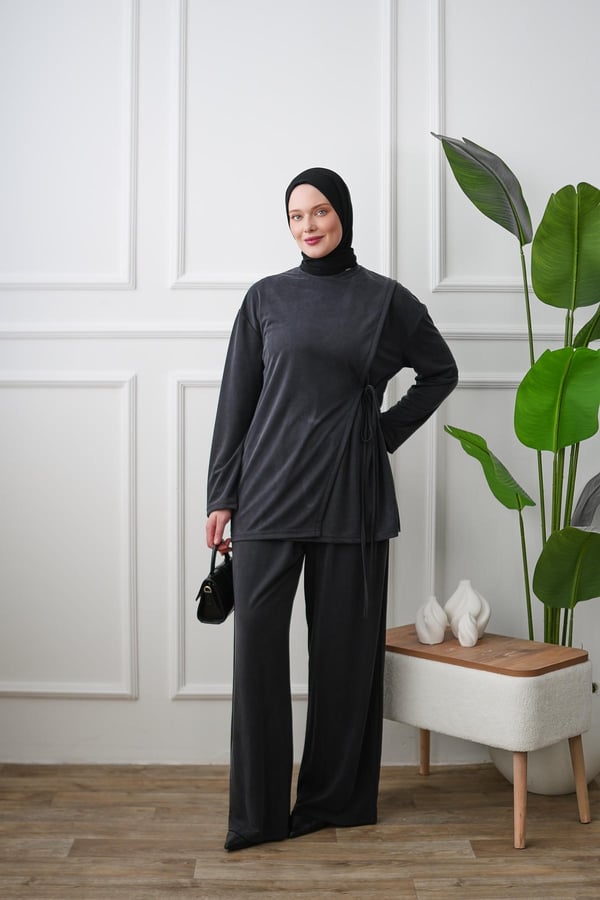 Yandan Bağlamalı Tunik Pantolon Takım - Siyah kadın giyim ürün görseli Arzestore