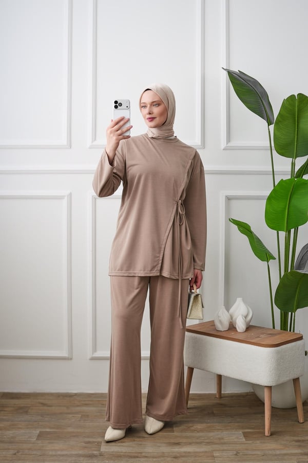 Yandan Bağlamalı Tunik Pantolon Takım - Vizon kadın giyim ürün görseli Arzestore