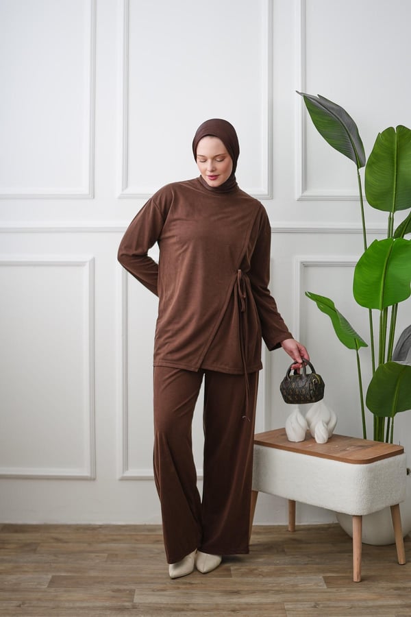 Yandan Bağlamalı Tunik Pantolon Takım - Kahverengi kadın giyim ürün görseli Arzestore