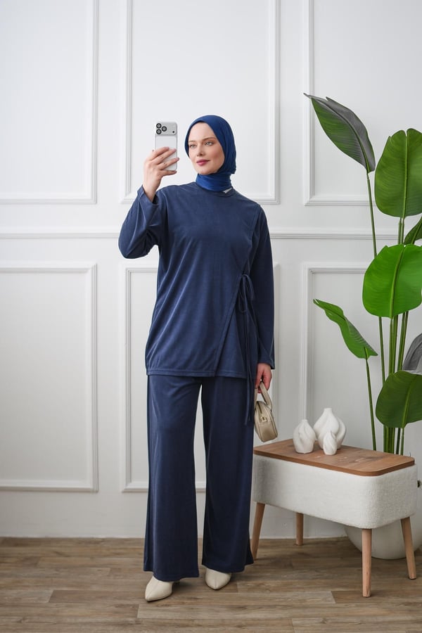 Yandan Bağlamalı Tunik Pantolon Takım - Lacivert kadın giyim ürün görseli Arzestore