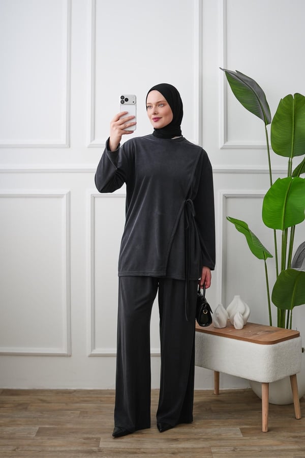 Yandan Bağlamalı Tunik Pantolon Takım - Siyah kadın giyim ürün görseli Arzestore