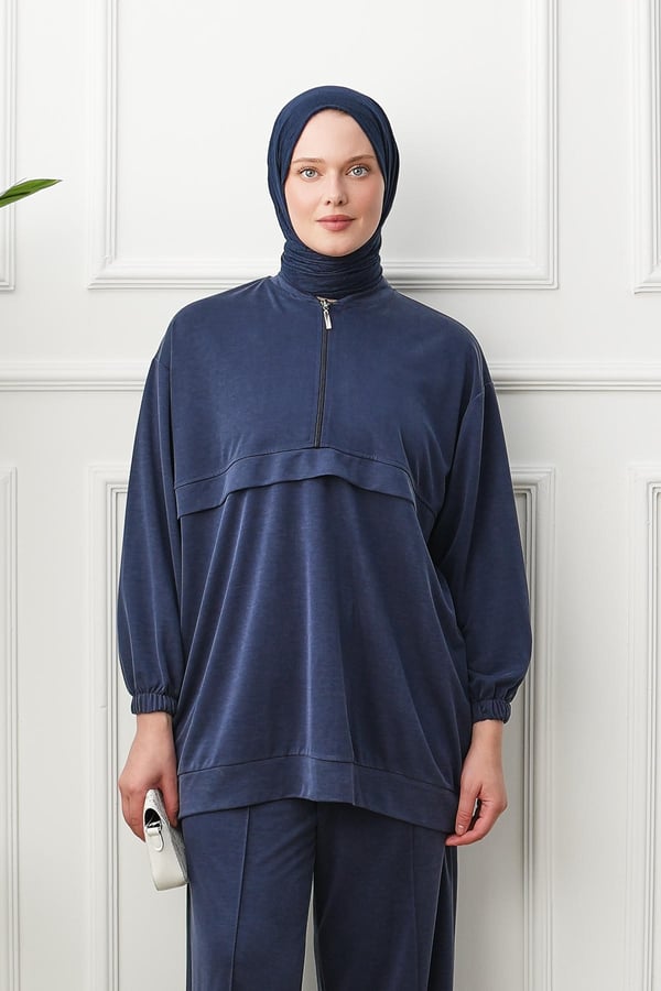 Yarım Fermuarlı Pantolon Takım - Lacivert kadın giyim ürün görseli Arzestore