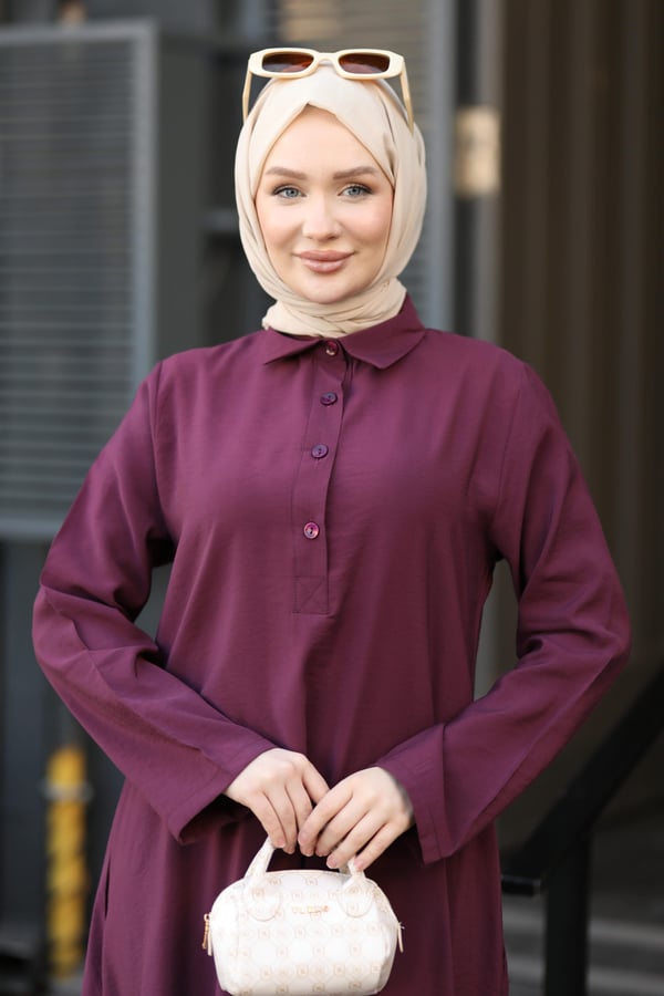 Yarım Pat Düğmeli Salaş Kesim Tesettür Elbise