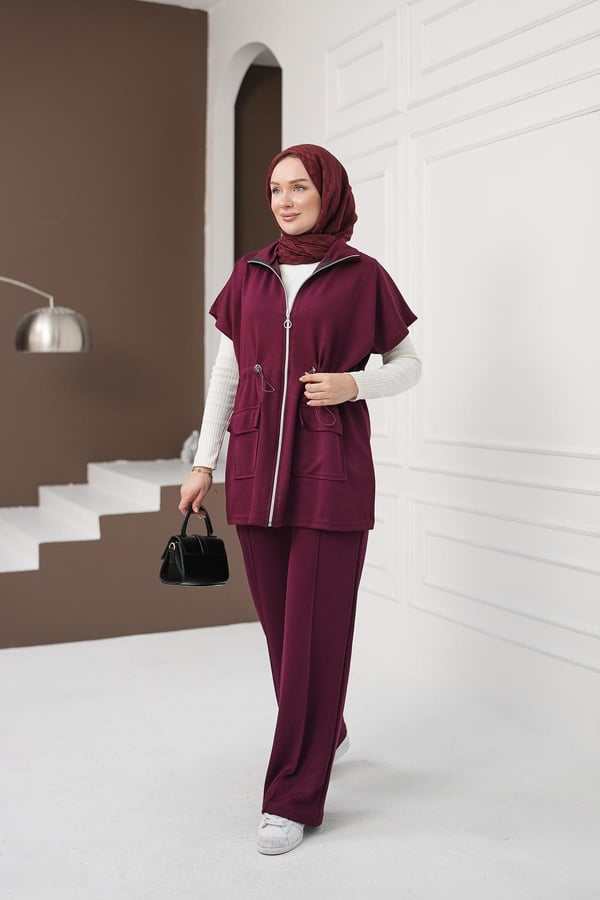 Yelekli Cepli Pantolon Takım - Bordo kadın giyim ürün görseli Arzestore