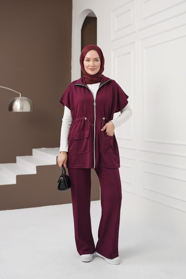 Yelekli Cepli Pantolon Takım - Bordo kadın giyim ürün görseli Arzestore