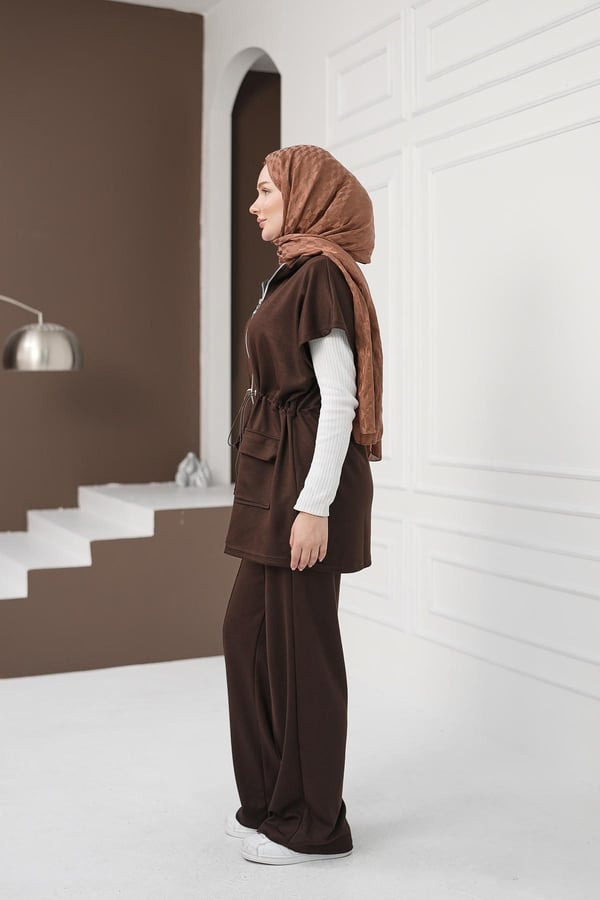 Yelekli Cepli Pantolon Takım - Kahverengi kadın giyim ürün görseli Arzestore