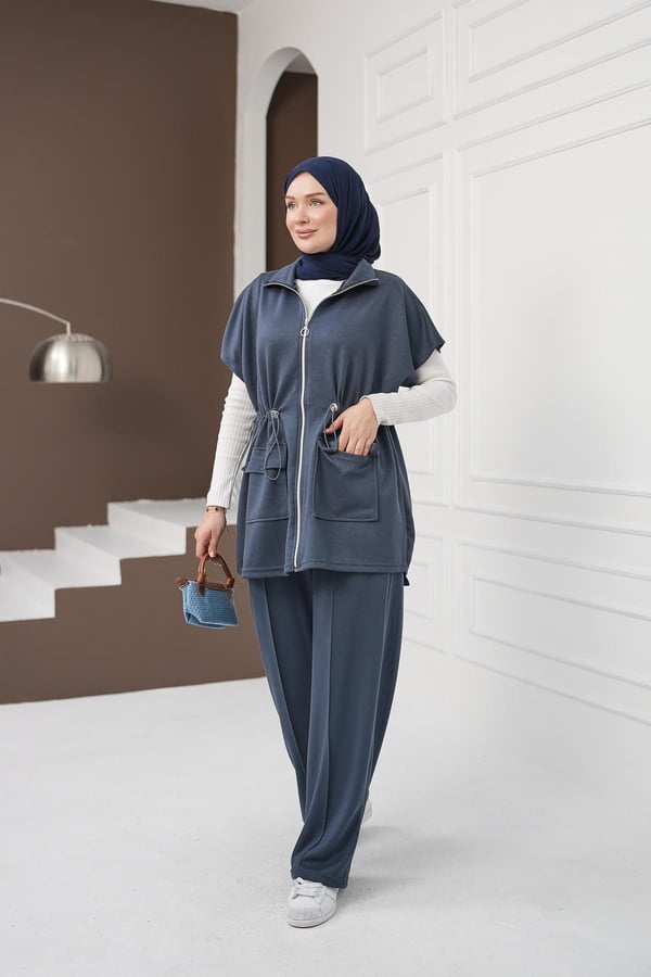 Yelekli Cepli Pantolon Takım - Koyu İndigo kadın giyim ürün görseli Arzestore