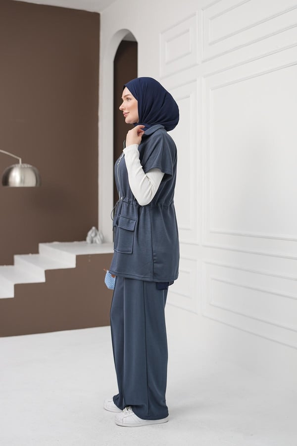 Yelekli Cepli Pantolon Takım - Koyu İndigo kadın giyim ürün görseli Arzestore