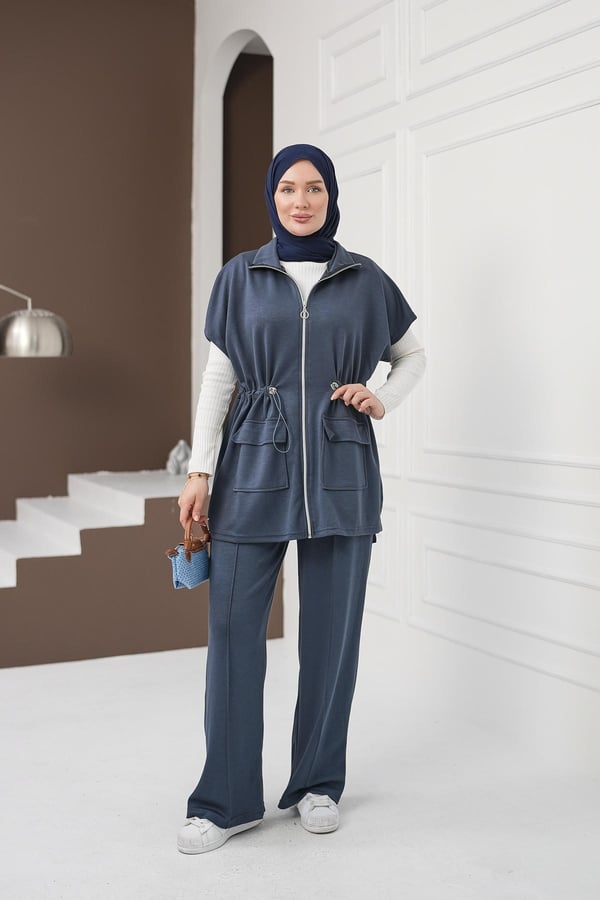 Yelekli Cepli Pantolon Takım - Koyu İndigo kadın giyim ürün görseli Arzestore