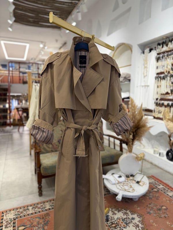 Astarı Çizgili Oversize Trenç