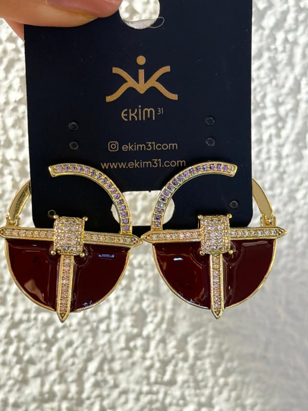 Bordo Yarım Daire Gold Küpe 