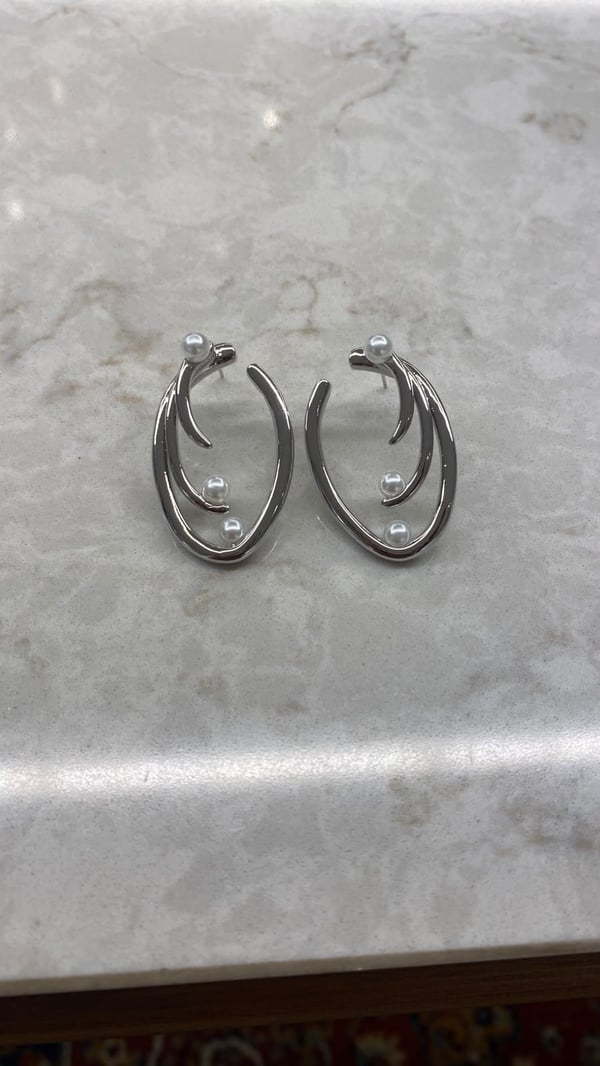 İncili Oval Silver Küpe