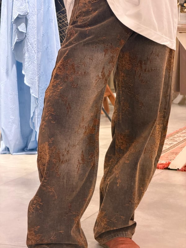 Kahve Çiçekli Jean Pantalon