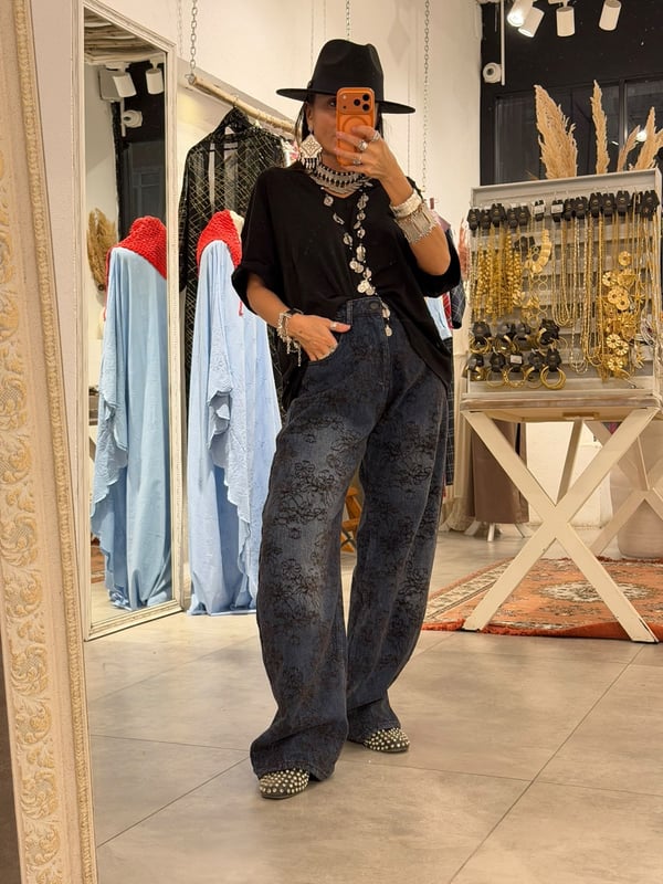 Lacivert Çiçekli Jean Pantalon