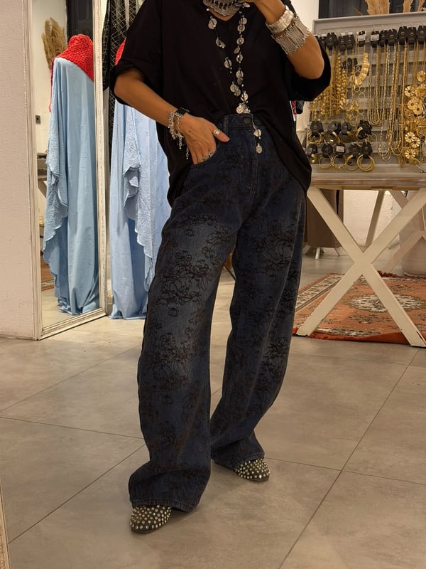Lacivert Çiçekli Jean Pantalon