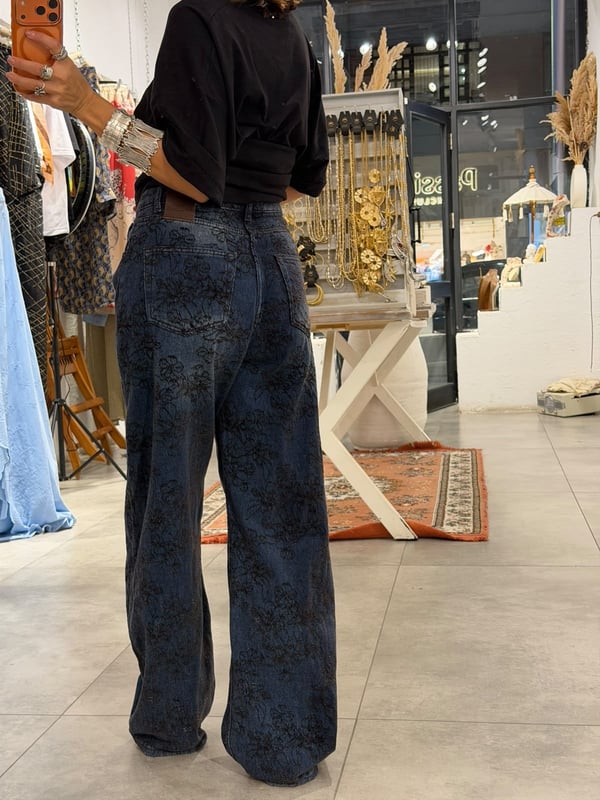 Lacivert Çiçekli Jean Pantalon