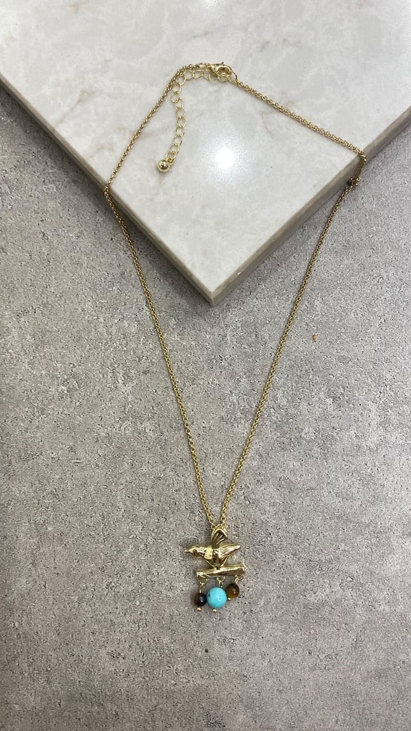 Mavi Taşlı Kuş Detay Gold Kolye