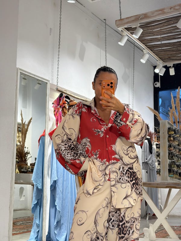 Oversize Kırmızı Leopar Desenli Gömlek 