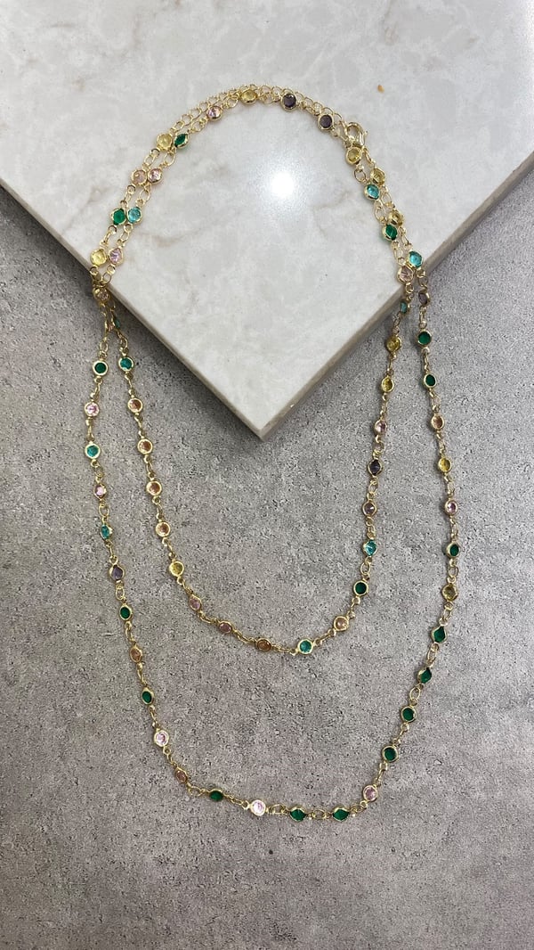 Renkli Taşlı Uzun Gold Kolye 