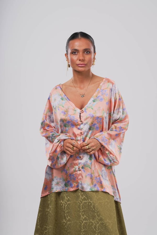 Şeftali Rüzgarı | Mor Çiçek Oversize Model Gömlek