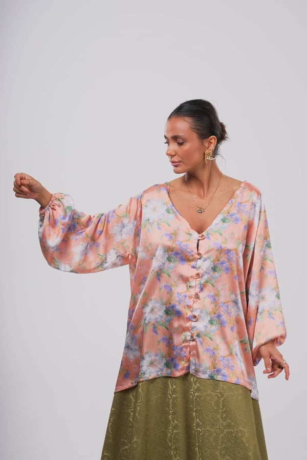 Şeftali Rüzgarı | Mor Çiçek Oversize Model Gömlek