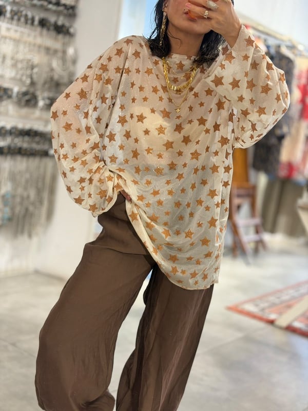 Simli Ekru Renk Yıldızlı Oversize Bluz 