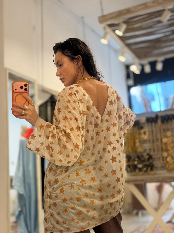 Simli Ekru Renk Yıldızlı Oversize Bluz 