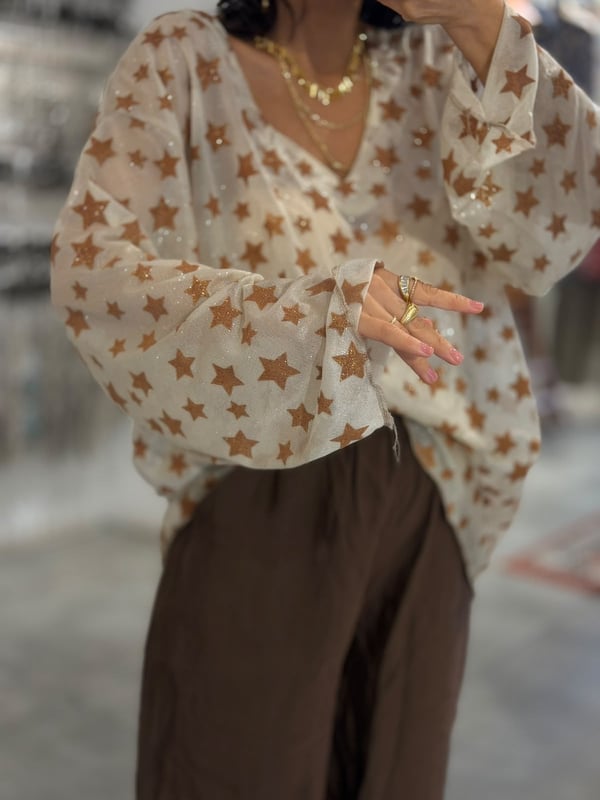 Simli Ekru Renk Yıldızlı Oversize Bluz 