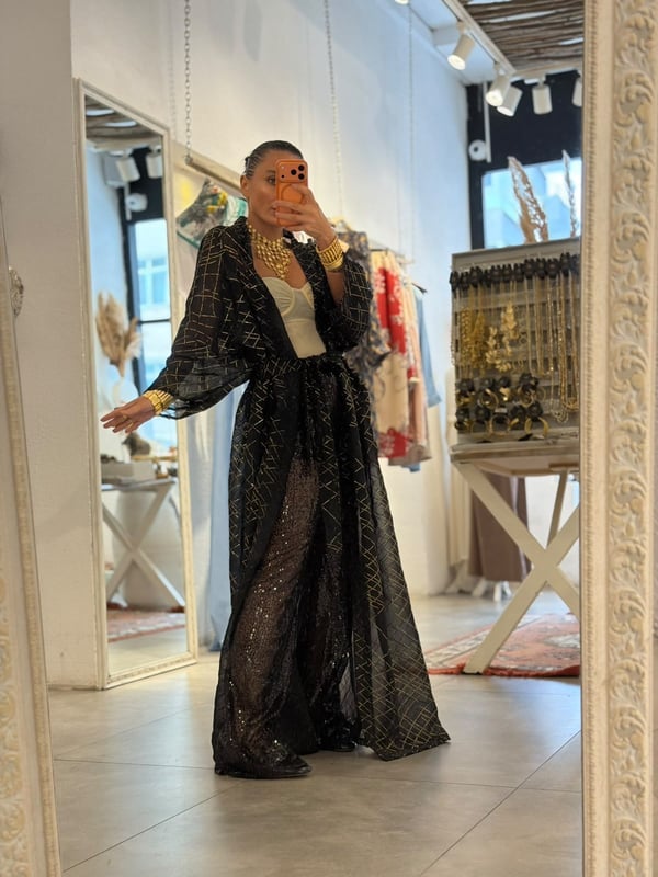 Simli Şifon Siyah Kimono