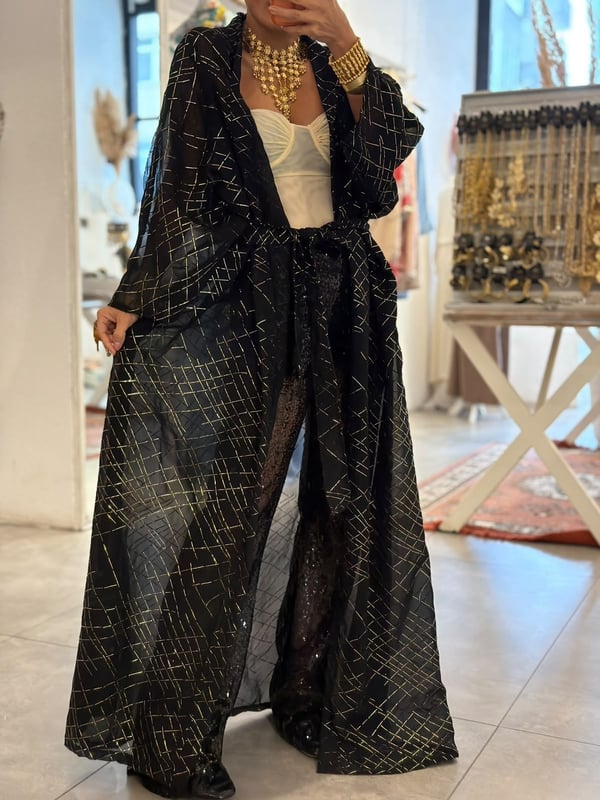 Simli Şifon Siyah Kimono