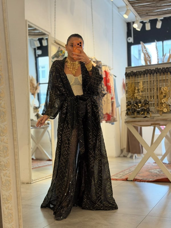 Simli Şifon Siyah Kimono