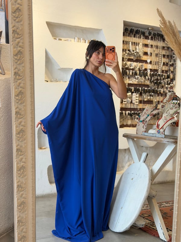 Tek Omuz Oversize Saks Mavisi Elbise