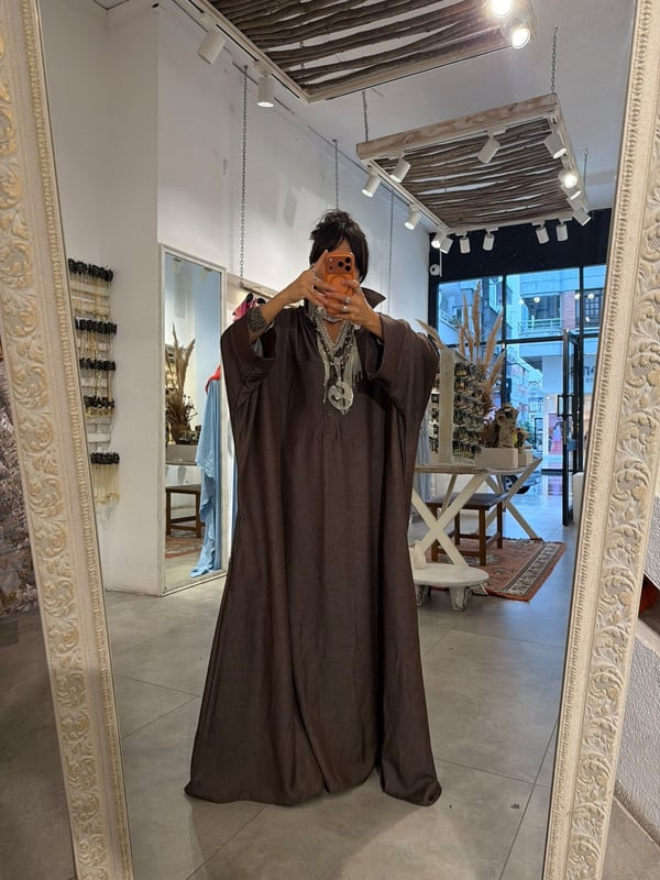 Tencel Jean Kahve Yakalı Elbise 