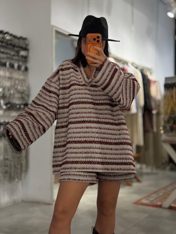 Triko Çizgili Şortlu Takım Bordo