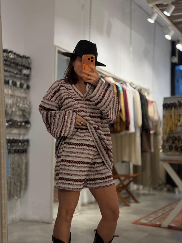 Triko Çizgili Şortlu Takım Bordo