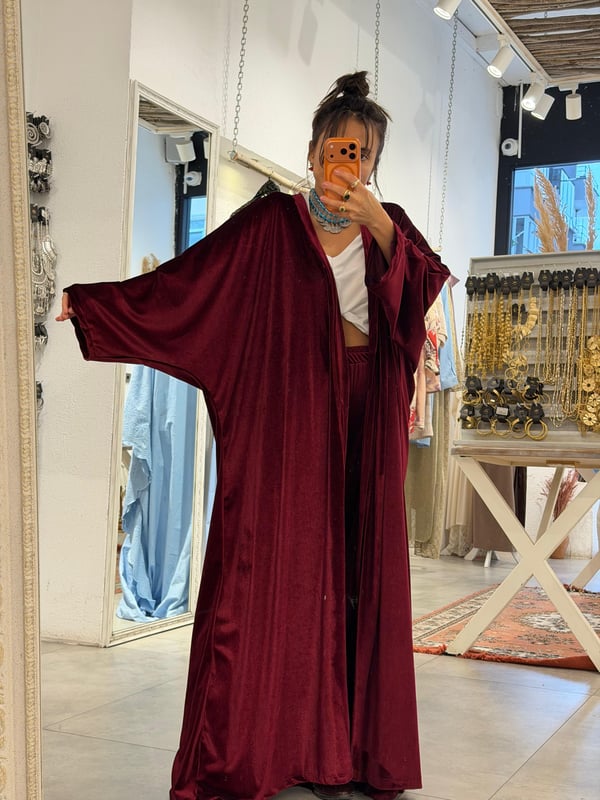 Uzun Oversize Kadife Kimono Bordo