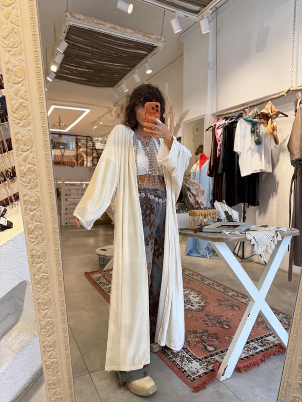 Uzun Oversize Kadife Kimono Ekru