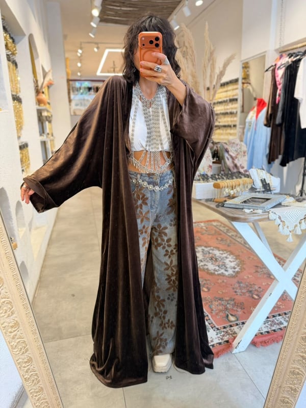 Uzun Oversize Kadife Kimono Kahverengi