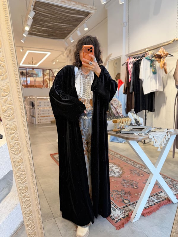 Uzun Oversize Kadife Kimono  Siyah 