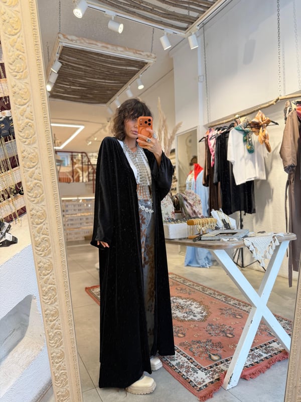 Uzun Oversize Kadife Kimono  Siyah 